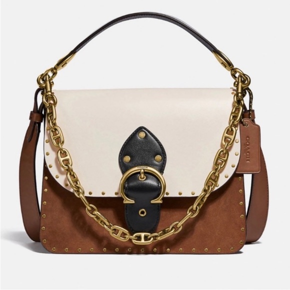 Coach Handbags - COACH beat shoulder bag in color-block with rivets - brass/vintage khaki multi